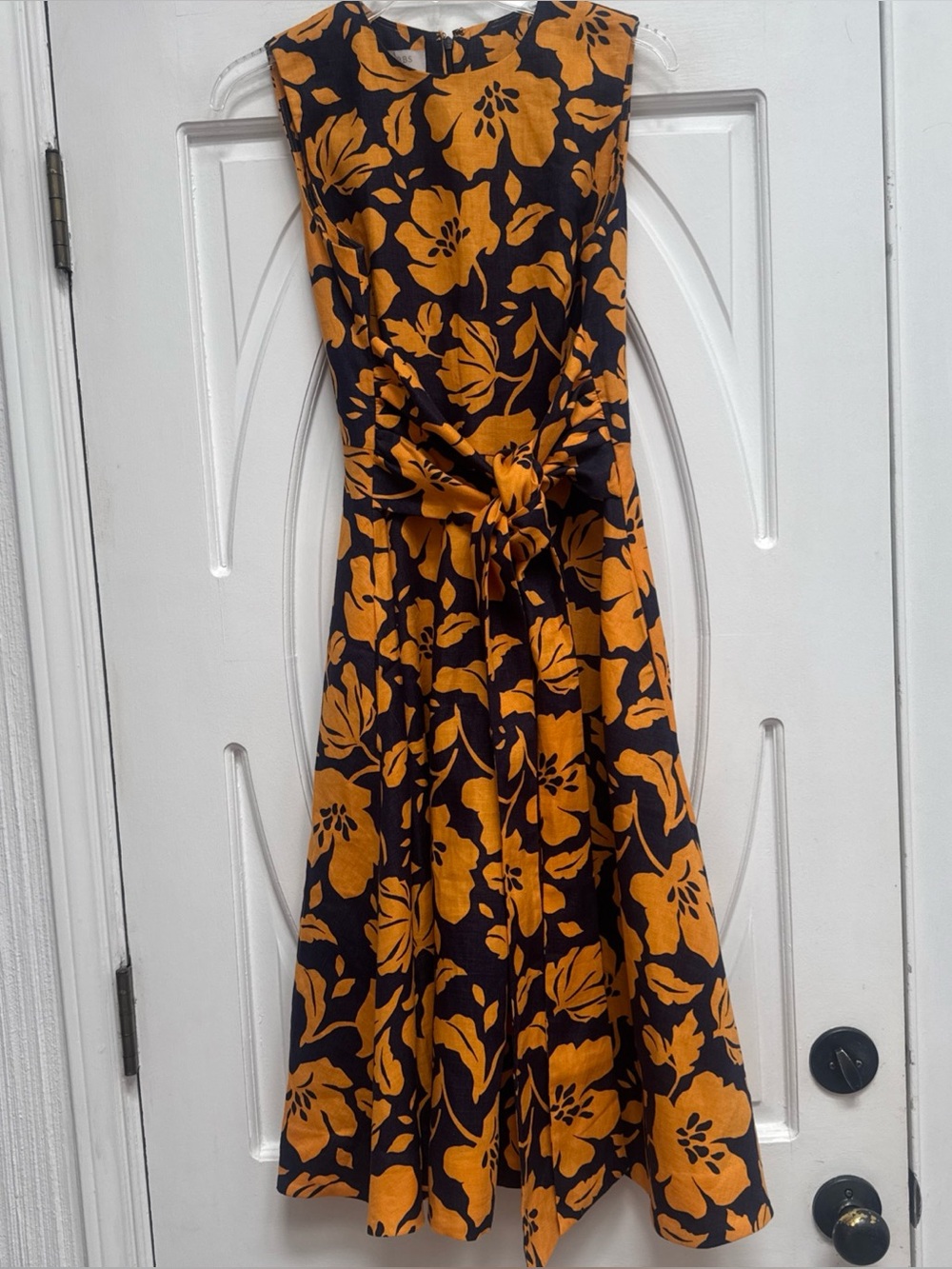 Sleeveless Floral Tie-Waist Dress in Black and Mustard